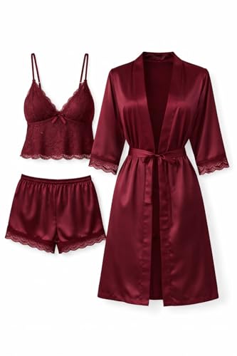 Image of Women's Satin 3-Piece Lingerie Set, Lace Cami, Shorts and Robe, Burgundy