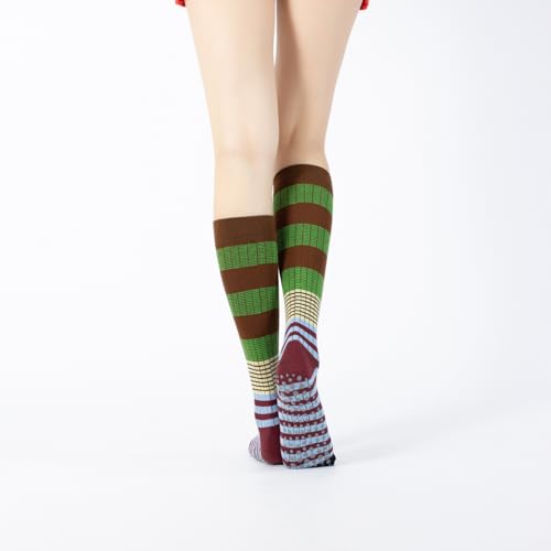 Image of Verdancy Yoga Pilates Socks with Grips for Women Striped Color-Blocked Knee Highs Non Slip Cushioned Over the Calf Socks