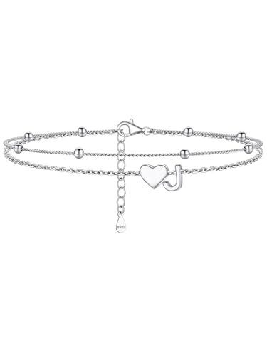 Image of PROSILVER Ankle Bracelets for Women S925 Sterling Silver Anklets for Women Waterproof, Dainty Layered Heart Anklet, Beach Initial Anklet for Summer, Letter A-Z