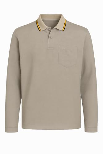 ARCER Mens Long Sleeve Poloshirt Classic Fit with Pocket 100% Cotton Breathable Wrinkle Resistant for Work Weekend or Casual Golf Shirt (AU, Alpha, Medium, Regular, Regular, Beige)