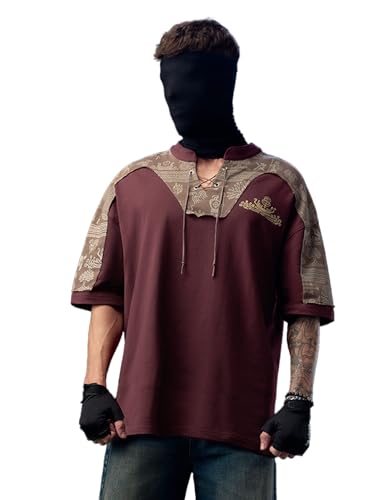Image of The Souled Store Vikings: Longship Men and Boys Short Sleeve Rpund Neck Brown Embroidered Cotton Oversized Lightweight Breathable Drop Shoulder Streetwear T-Shirts