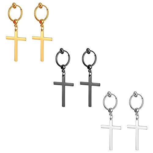 Cupimatch 3 Pairs Cross Dangle Drop Earrings Stainless Steel Clip On Non Piercing Huggie Hinged Hoop Earrings Set Vintage Jewelry Gifts for Women Men for Mother's Day