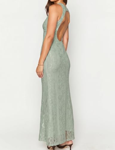 Image of Elegant Lace Floral V Neck Backless Bodycon Dresses for Women Sexy Cut Out Low Back Sleeveless Maxi Dress Wedding Guest