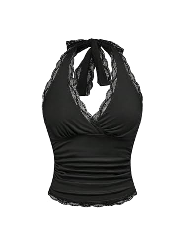 GORGLITTER Damen Bauchfrei Crop Top Neckholder Oberteil mit Kontrast Spitze Sommertop Ärmllos Casualtop Rückenfrei Halter Tops Partytops Schwarz M