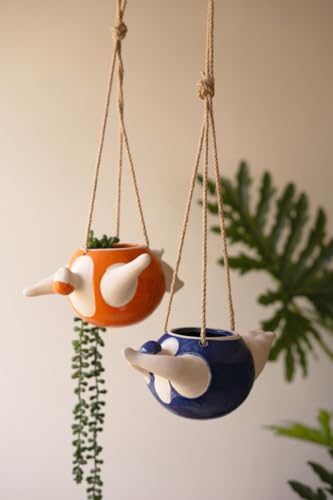 KALALOU Hanging Ceramic Swimmers Planters, Set of 2, 8.5-9-Inch, Blue and Orange