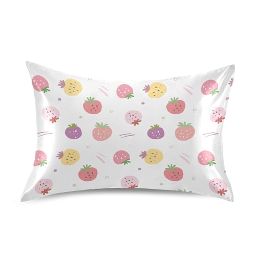 Strawberry Design on White Breathable Cool Silky Soft Moisture Wicking for Hot Sleepers, Hair and Skin Friendly, Smooth Dual Sides Silks Pillow Cover