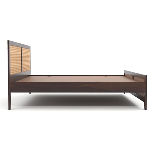 Image of Sheesham Wood Cane Bed Without Storage for Bedroom | King Size Wooden Double Bed Palang with Rattan Headboard & Footboard (Walnut Finish)