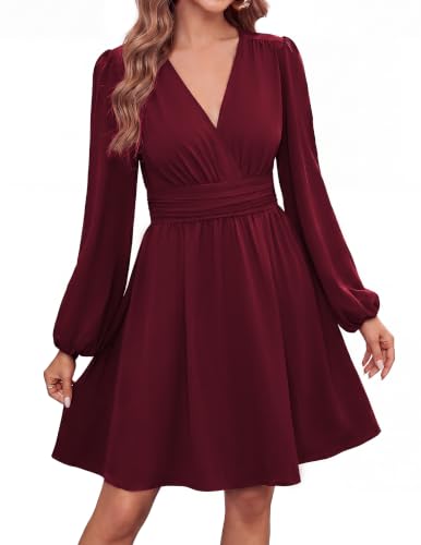 Womens Long Sleeve Mini Dress, Empire Waist Cocktail Dresses, Wine, M