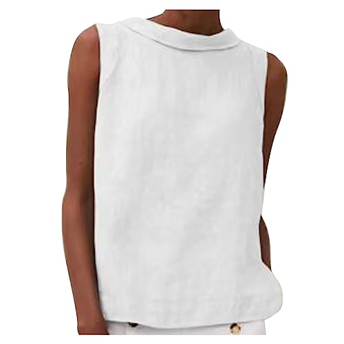 Baumwoll-Leinen-Oberteil für Damen, ärmellos, Basic-Sommer-Tank-Top, lässiger Rundhalsausschnitt, lockere Passform, bequemes T-Shirt Damen-Tanktop...