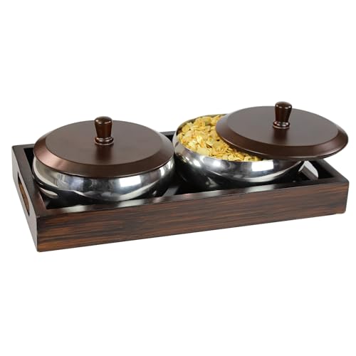 Image of PEARLPET Hazel Stainless Steel 2 Bowls Set(500ml) with Wooden Serving Tray & 2 Wooden Finish Lids, Gift Set, Dryfruit Jar, Brown Color