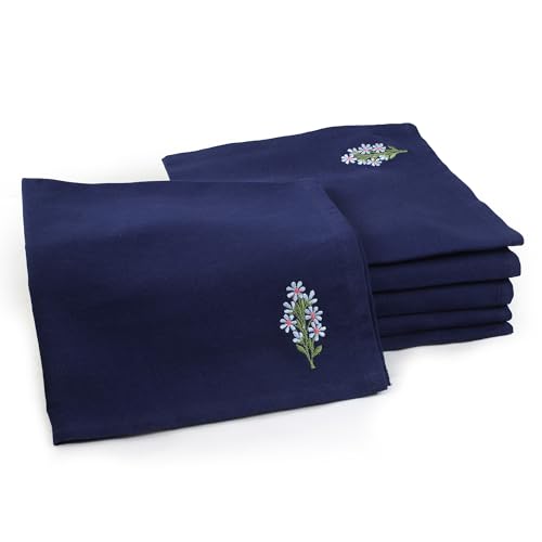 Encasa XO Lot de 6 Serviettes de Table | Serviettes en Coton 43x43 cm | Fleur Bleue écossaise Broderie