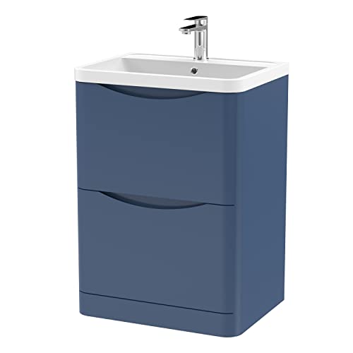 Image of nuie Modern Bathroom Floor Standing 2 Drawer Vanity Unit with Polymarble Basin, 600mm, Satin Blue