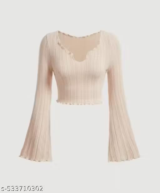 Image of V-Neck Notched Flared Sleeve Top for Women | Stylish Polyester Long Sleeve Blouse for Casual Wear 450