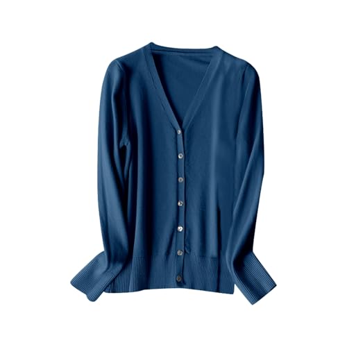 Cardigan Punto Mujer Ligero Cárdigan Manga Larga Cuello en V Color Liso Chaqueta Casual Primavera Otoño Invierno Cómodo Suéteres Elegante (C-Dark Blue, L)