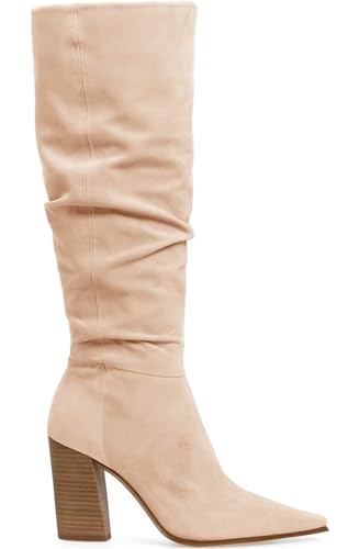 PiePieBuy Womens Faux Suede Knee High Boots Pointed Toe High Chunky Heel Side Zipper Party Dress Booties, Nude, Size 5.5 - image 4