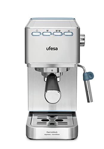 UFESA CE8020 Capri Machine à Café Expresso et Capuccino, 20 Bars, 1350W, Système Thermoblock, Buse Vapeur, 2 Modes: Café Moulu ou Dosettes, Réservoir d'1.4L, 1 ou 2 Tasses, Arrêt Automatique, Inox