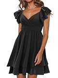 CICIDUDU Women's Summer Dress Casual Wrap V Neck Flutter Sleeve Double Layer Ruffle Wedding Guest Short Mini Dresses Black