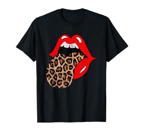 Red Lips Leopard Tongue Shirt Vintage Trendy Animal Print T-Shirt