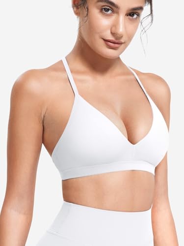 Image of YEOREO CoreFlex Sports Bras for Women Strappy Padded Halter Open Back Light Impact Deep V Neck Yoga Workout Gym Tops