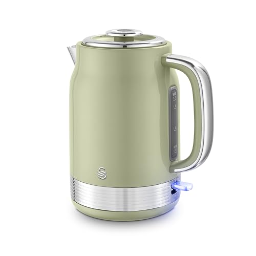 Swan SK19025GRN Retro Jug Kettle Rapid Boil Removable Limescale Filter Easy Pour 360 Degree Base Water Indicator Window and Boil Dry Protection 1.7L 3KW Green and Stainless Steel