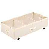 woodluv Underbed Storage Basket on Wheels, Foldable Underbed Storage Box, Rolling Underbed Storage Organizer with Zipped Lid for Clothes, Shoes, Bedding, Space-Saving, Beige
