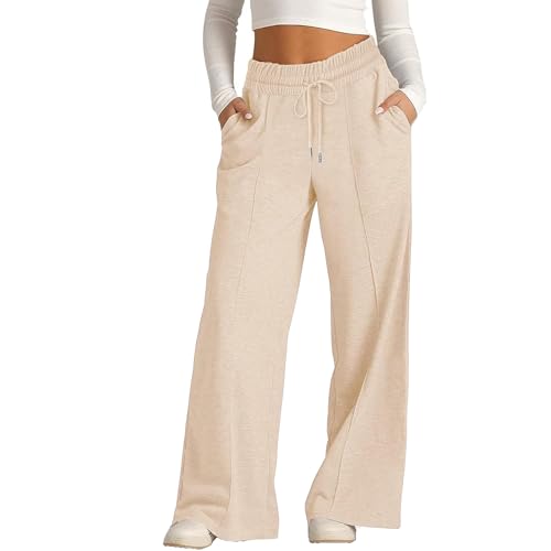 FUNRKLI Damen Mid Rise Pants Gerade Weite Beinmode Pendler Schlanke Lockere Hose Kordelzug Freizeithose Aprikose L