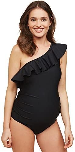 Motherhood Maternity Women's Maternity Asymmetrical Ruffle One Piece Swimsuit, Black, Large