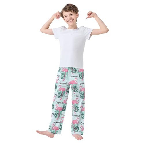 Summer Flamingo Palm Leaves Boys Long Pants Soft Trousers Elastic Waist Kids Lounge Bottoms with Pockets S-XL2