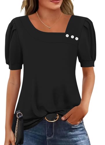 Rapbin Ladies Tops Puff Short Sleeve Blouses Elegant Asymmetrical Neck Tunic Buttons Shirt Summer Women Tops for Work Wear Black XXL