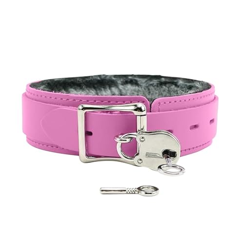 VP Leather Avery Collar Faux Chinchilla Fur Latigo Leather Handcrafted (Large, Pink)