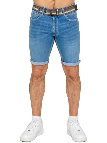 989Zé ENZO Denim Shorts Mens Stretch Belted Turn Up Knee Length Casual Fit Summer Holiday Short with Belt EZS648 Light Blue 38 & EZBELTS408 Grey L