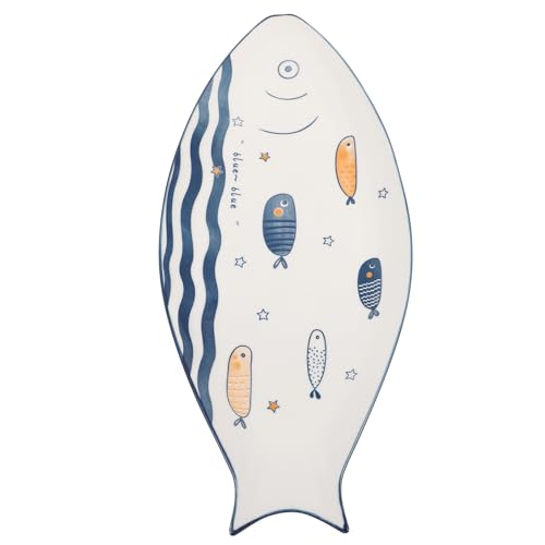Sosoport Plato de Cerámica Grande Forma de Pez para Servir, Bandeja para Aperitivos y Platos de Postre, Resistente al Horno, Decoración Vintage para Hogar, Restaurante y Hotel