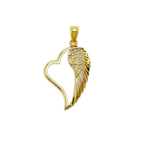 Gold Angel Wing inside Heart Charm - 10 Karat Solid Gold (Large)