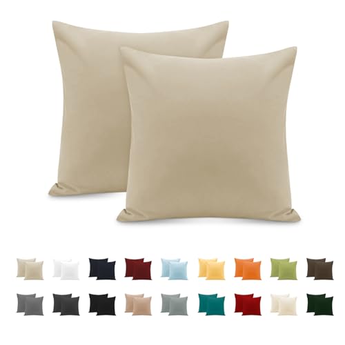 Taie Oreiller 100% Coton 65x65 cm 2 PCS, Taie d'oreiller Rectangulaire Puro Coton Jersey 120GSM - Housse de Coussin Résistant et Hypoallergénique Beige