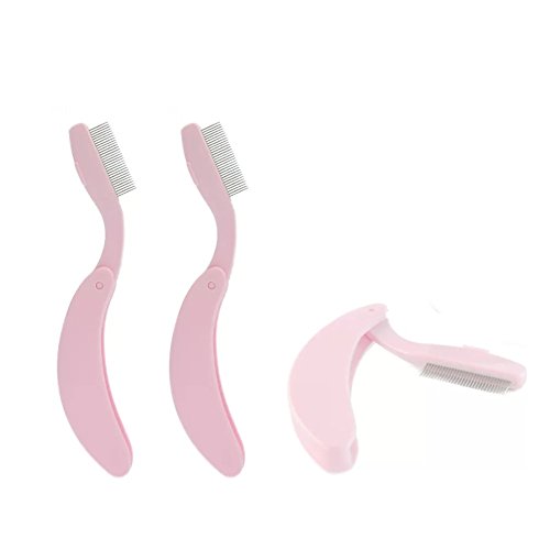 AUCH 3pcs Folding Eyelash Comb, Eyebrow & Eyelash Comb Metal Teeth, Pink