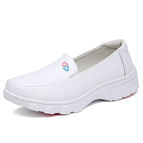 REXSVAN Nurse Shoes Women's Light and Comfortable Work Shoes Non-Slip Nursing Shoes Leather Lefu Shoes White