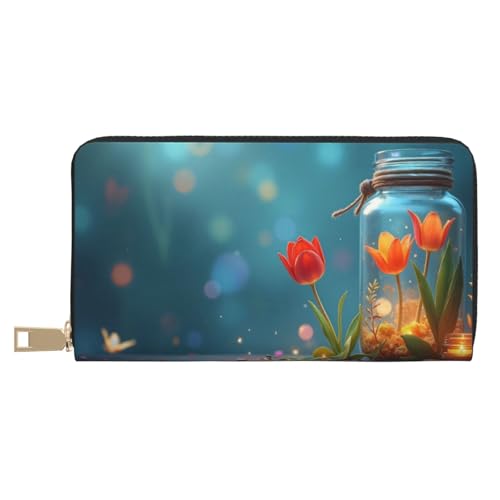 Magical Red Tulip Print Wallet Women, Leather Bifold Multi Card Wallet, Long Purse Women's Wallets