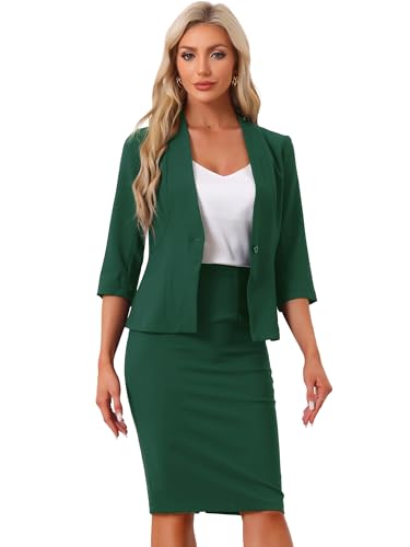 Ensemble jupe d'affaires Allegra K 2 pièces avec blazer sans col chic vert foncé L