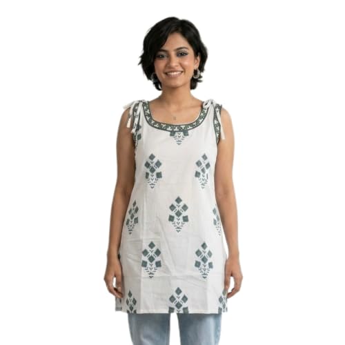 Image of Short Kurti for Women | Cotton Tops for Women | Stylish Strap Kurtis for Woman | Sleeveless Casual for Jeans | Printed Kurtas for Office Casual