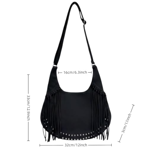 Image of Women Vintage Suede Fringe Hobo Bag Tote Shoulder Bag Crossbody Bag and Hippie Western Cowgirl Purse Shoulder Bag