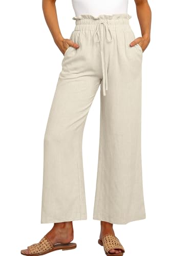 Cindeyar Leinenhose Damen Hosen Sommer Casual Leichte Palazzo Hohe Taille Einfarbig Leinen Freizeithose Sommerhose Mit Taschen und Tunnelzug (Khaki, L)