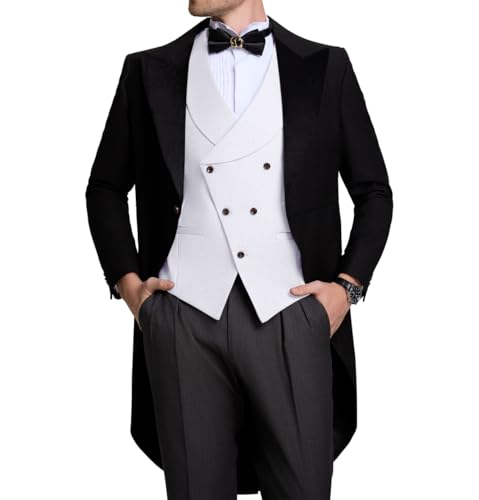 Men's 3 Piece Suit for Groom Men's Wedding Morning Suit with Tailcoat Tuxedo Long Tail Double Breasted Vest Pants