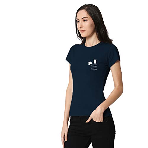 Image of Bewakoof Women's Blue Bunny Rabbit Pocket Printed Slim Fit T-Shirt