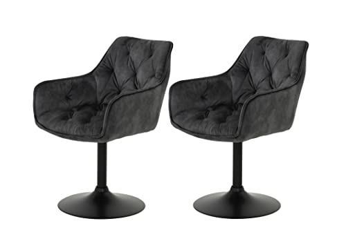 Hela Tische, 2er Set Sessel, Küchenstuhl, Drehstuhl Birte, Sitzschale Microfaser Samtvelour Anthrazit, Armlehne, Metallfuß 360° drehbar