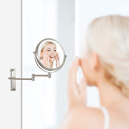 Wall Mounted Makeup Mirror, 10X Wall Mounted Magnifying Mirror Adjustable Height Double-Sided Mirrors For Bathroom Vanity, Round Shape (Brush Nickel) #TOP5