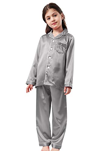 Pajamas Kid Unisex Pjs Set Girls Boys Silk Pajamas Set Satin Long Sleeve 2 Piece Clasic Sleepwear for 2-12 Years Todder