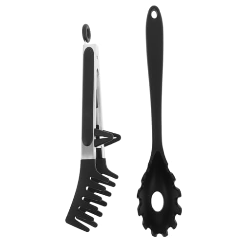 Cabilock 1 Set Silicone Pasta Fork Set Non Stick Spaghetti Spoon Tongs with Teeth Heat Resistant Cooking Utensils for Noodles Bbq Salad Serving Ergonomic Grip Black