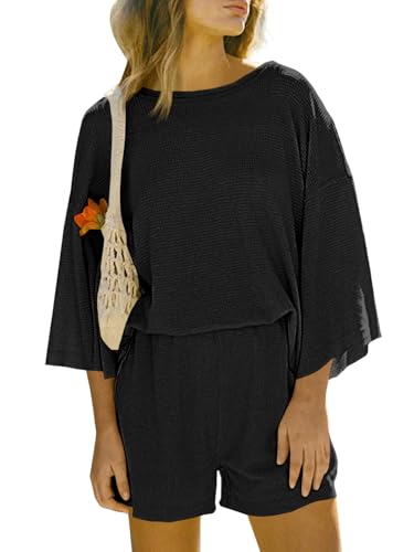 Image of Tankaneo Womens Short Sets 2 Piece Outfits 3/4 Sleeve Tops and Elastic Waist Shorts Lounge Set Casual Loungewear