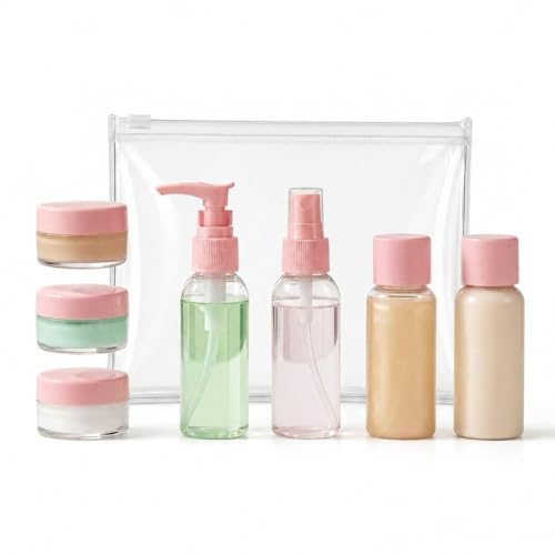 Temperia Travel Bottles for Toiletries (7pcs) - Refillable Empty Mini Containers with Pouch (Random Colors) - Travelling Accessories & Essentials Kit 