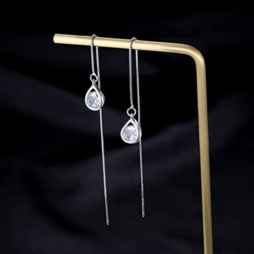 Reffeer 925 Sterling Silver Cz Droplet Dangle Earrings Threader For Women Girls Crystal Dangle Earrings Tassel Chain (A-Silver) #TOP4